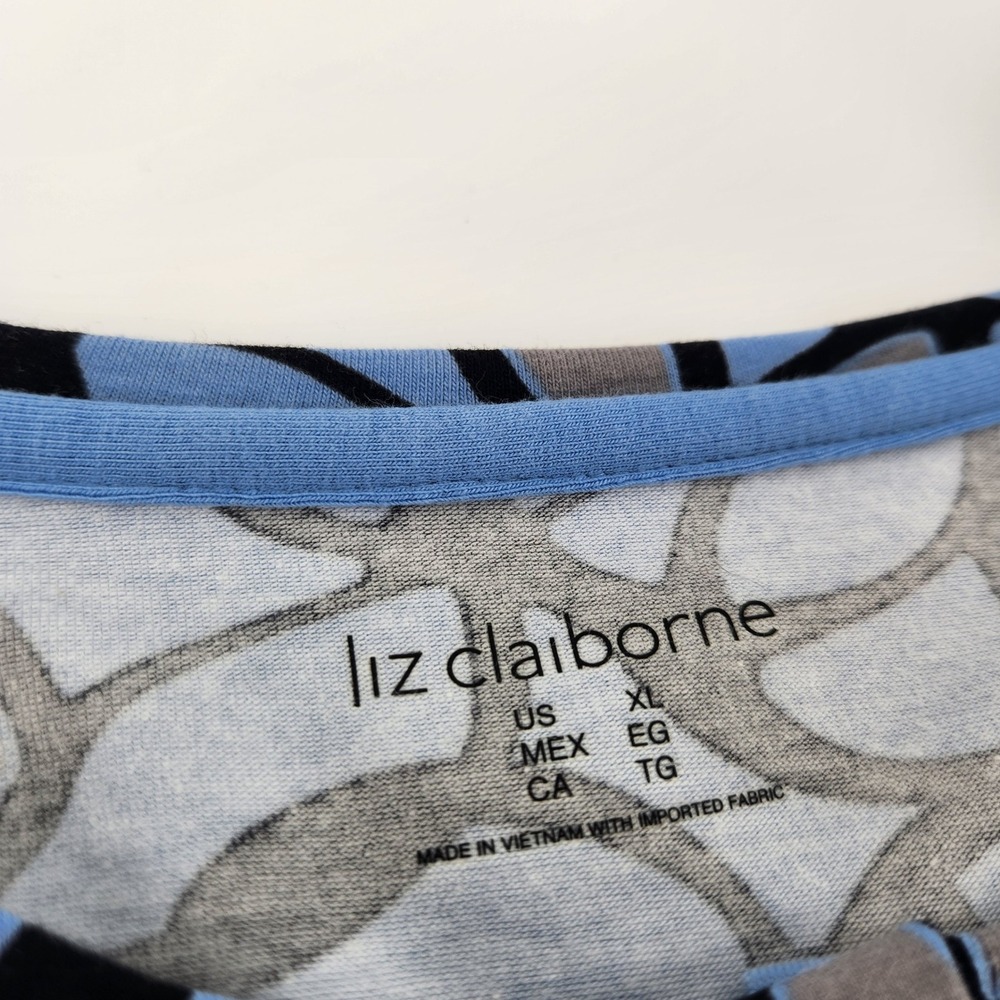 Liz Claiborne XL Top Blue Gray Black‎ Abstract Print Long Sleeve Blouse - Picture 3 of 6